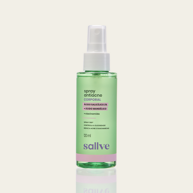 Spray Antiacne Corporal Sallve 120ml – frasco spray com ácido salicílico 2%, ácido mandélico e niacinamida