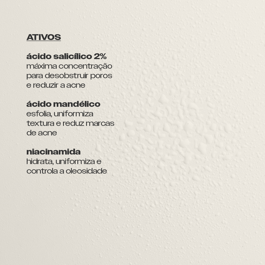 Ativos do Spray Antiacne Corporal Sallve – ácido salicílico 2% desobstrui poros, ácido mandélico reduz marcas e niacinamida controla a oleosidade