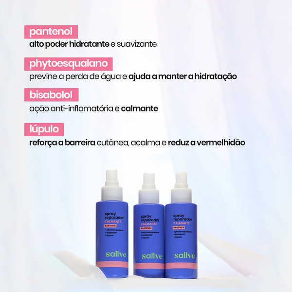 Ativos do Spray Reparador Calmante Sallve com pantenol, phytoesqualano, bisabolol e lúpulo e seus benefícios para a pele.