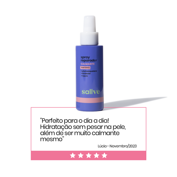 Depoimento de cliente sobre o Spray Reparador Calmante Sallve destacando hidratação leve e efeito calmante diário.