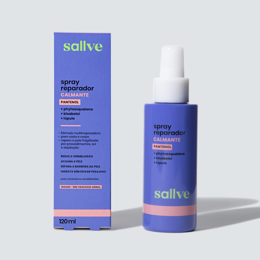 Spray Reparador Calmante Sallve com embalagem e frasco, fórmula com pantenol, bisabolol, lúpulo e phytoesqualano.