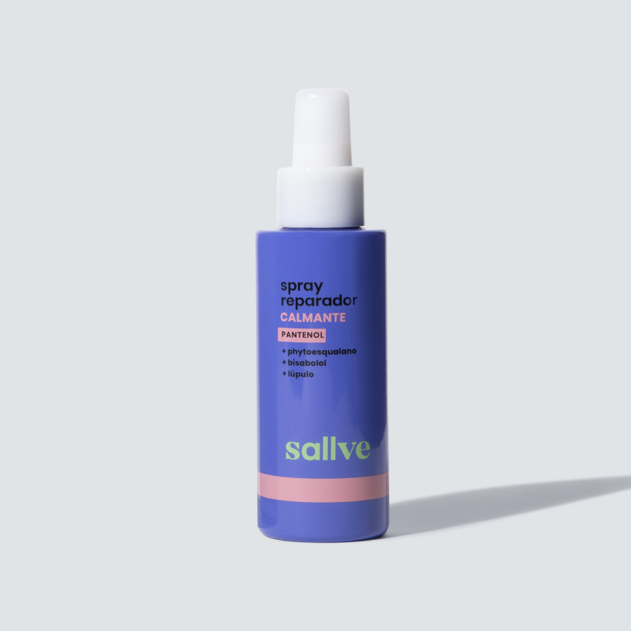 Frasco do Spray Reparador Calmante Sallve 120ml com pantenol, phytoesqualano, bisabolol e lúpulo.