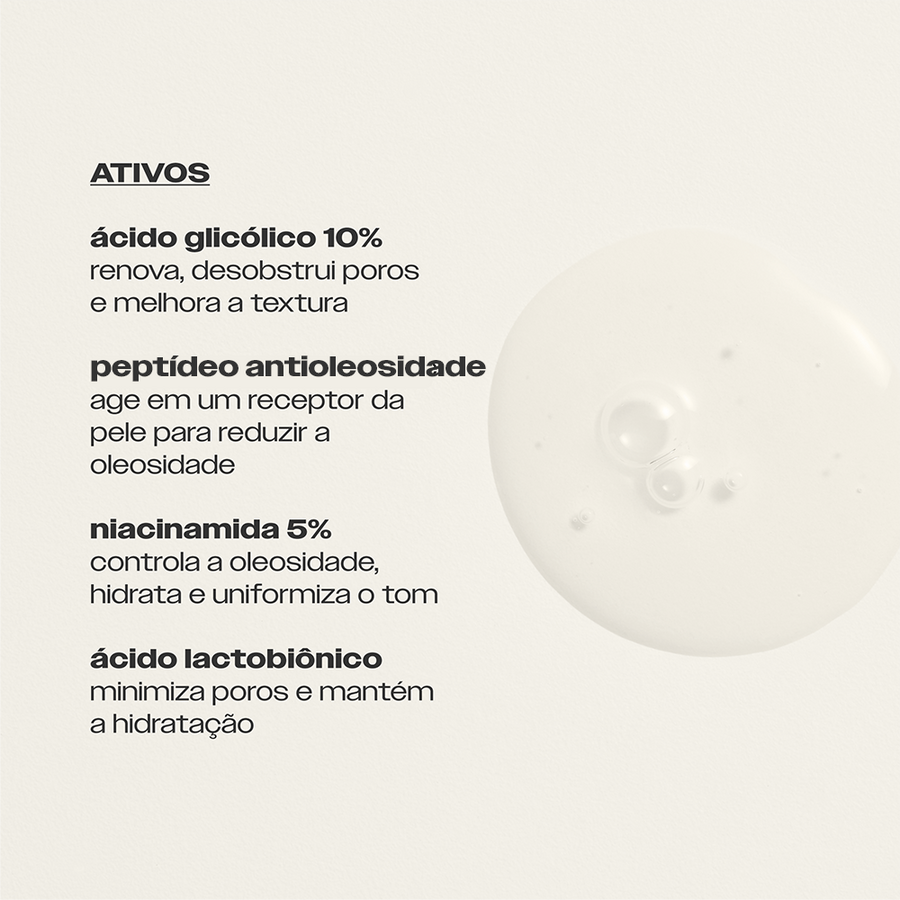 Ativos do Super Ácido Glicólico 10% Sallve – ácido glicólico 10% renova e desobstrui poros, peptídeo antioleosidade, niacinamida 5% e ácido lactobiônico