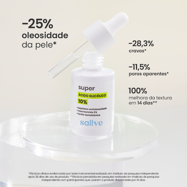 Resultados clínicos do Super Ácido Glicólico 10% da Sallve em oleosidade, poros e textura