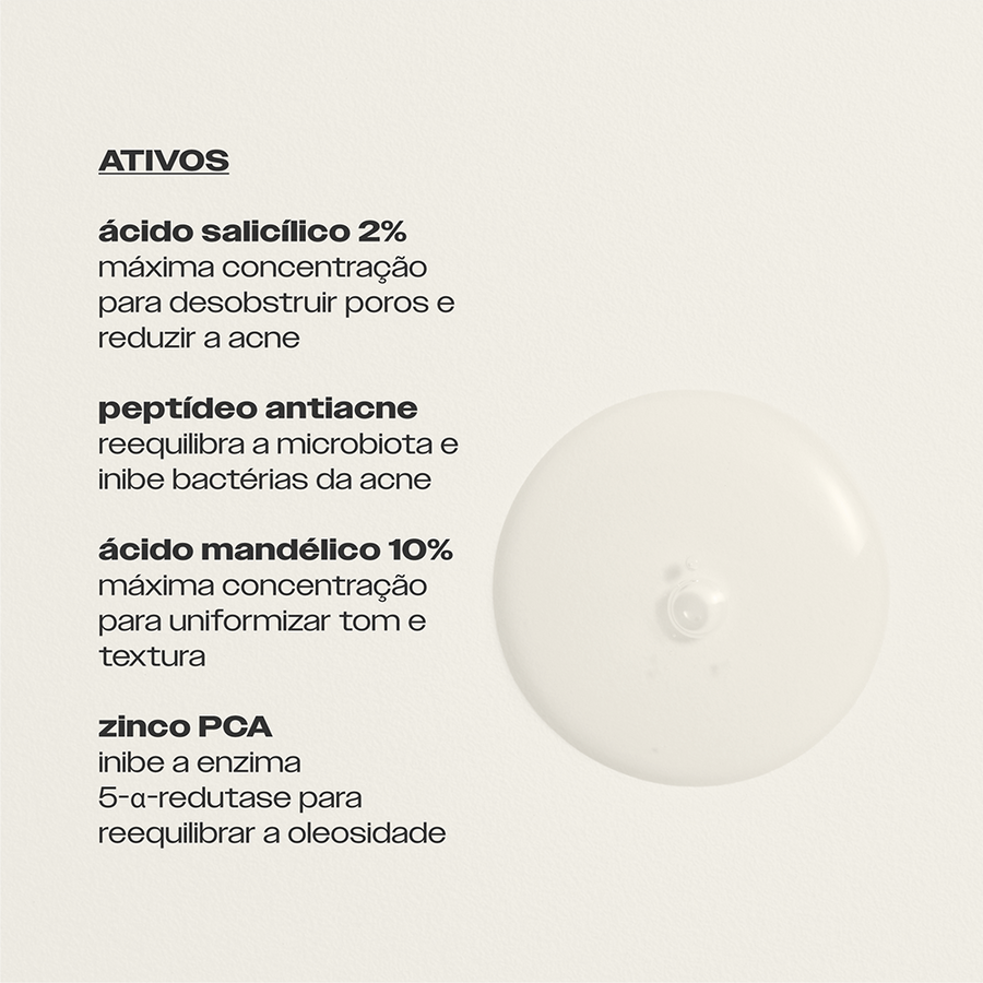 Ativos do Super Ácido Salicílico 2% Sallve – ácido salicílico 2% desobstrui poros, peptídeo antiacne, ácido mandélico 10% e zinco PCA