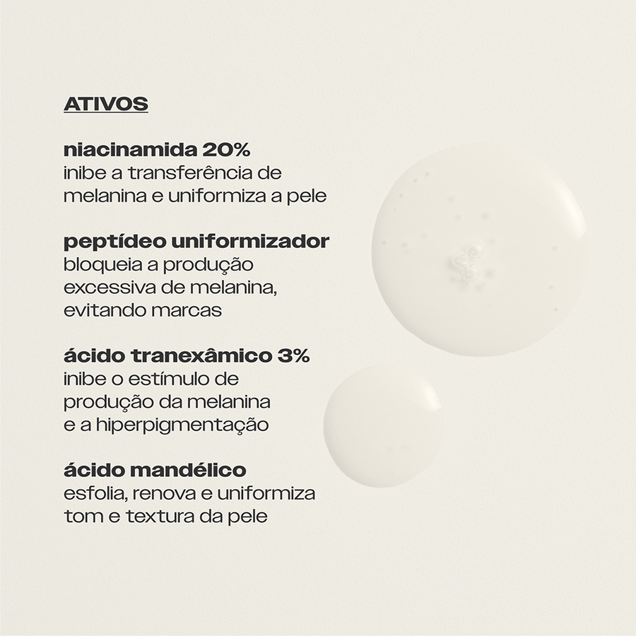 Ativos do Super Niacinamida 20% Sallve – niacinamida 20% inibe a transferência de melanina, peptídeo uniformizador, ácido tranexâmico 3% e ácido mandélico