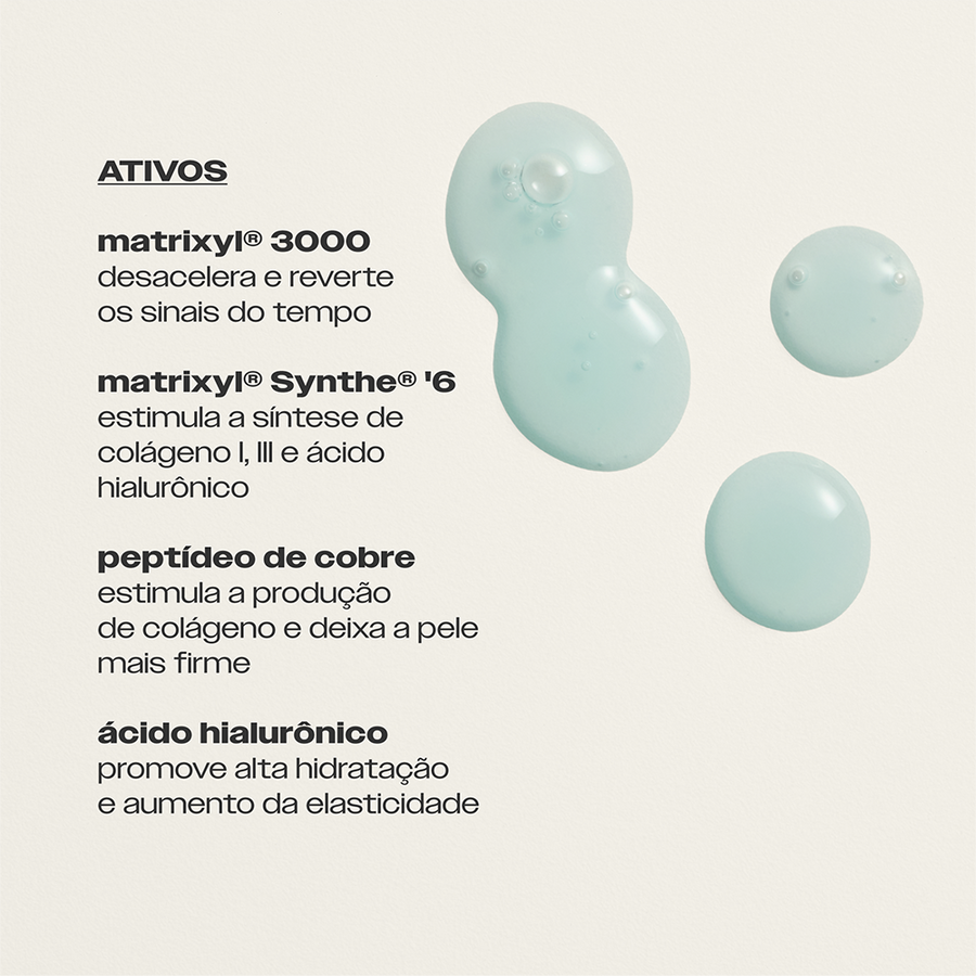 Ativos do Super Pró-Colágeno 10% Sallve – Matrixyl 3000, Matrixyl Synthe'6, peptídeo de cobre e ácido hialurônico