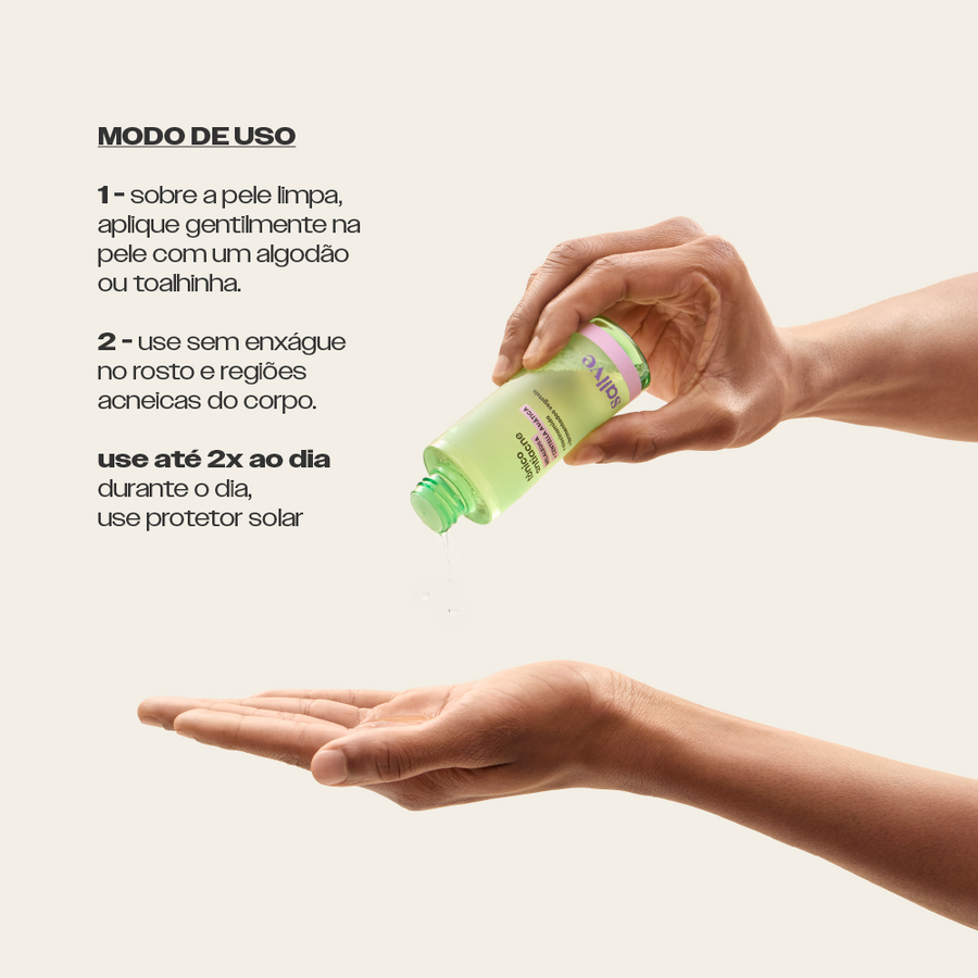 Modo de uso do Tônico Antiacne Sallve – aplicar na pele limpa com algodão, sem enxágue, até 2x ao dia