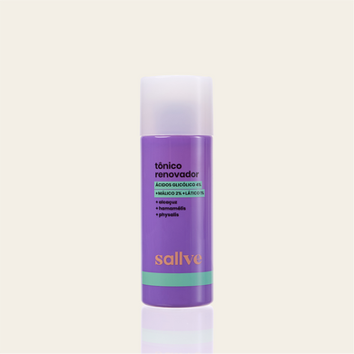 Tônico Renovador Sallve 120ml – frasco com AHA 7%: ácidos glicólico 4%, málico 2% e lático 1%, alcaçuz, hamamélis e physalis