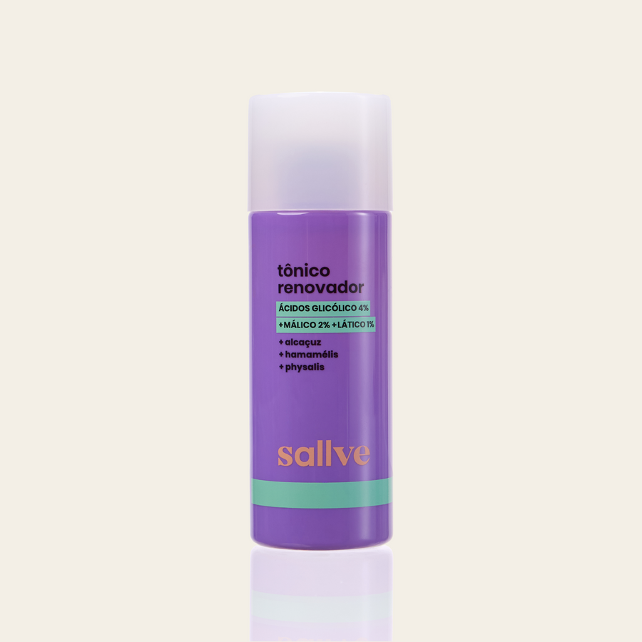 Tônico Renovador Sallve 120ml – frasco com AHA 7%: ácidos glicólico 4%, málico 2% e lático 1%, alcaçuz, hamamélis e physalis