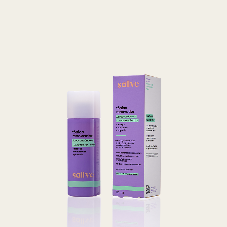 Tônico Renovador Sallve com embalagem 120ml – esfoliação química diária com AHA 7%