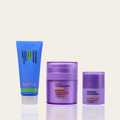 Trio Renovação e Reparação Noturna Sallve – Hidratante Reparador, Creme Retexturizador Noturno e Máscara Renovadora Labial lado a lado