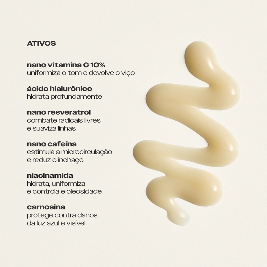 Ativos do Antioxidante Hidratante Sallve – nano vitamina C 10%, ácido hialurônico, nano resveratrol, nano cafeína, niacinamida e carnosina