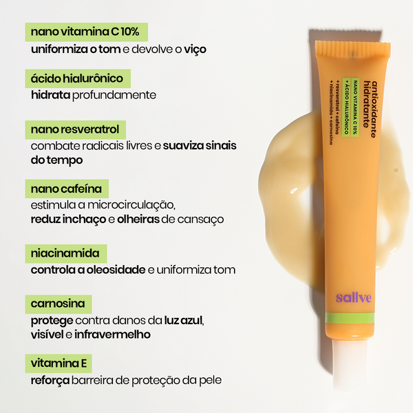 Vitamina C Antioxidante Hidratante Sallve com textura em gel ao lado da embalagem e lista dos ativos: nano vitamina C 10%, ácido hialurônico, resveratrol, cafeína, niacinamida, carnosina e vitamina E, com seus benefícios para a pele.