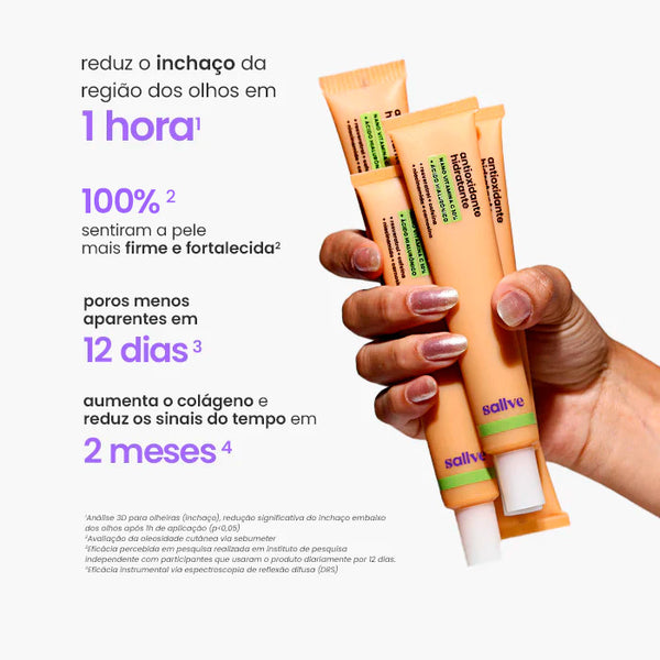 Mão segurando três embalagens do Vitamina C Antioxidante Hidratante Sallve com textos destacando benefícios: redução do inchaço dos olhos em 1 hora, poros menos aparentes em 12 dias e aumento de colágeno em 2 meses.